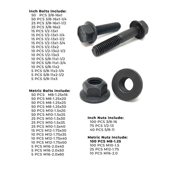 Boltsandnuts.Com Inch & Metric Grade 8 / Class 10.9 Flange Bolt and Lock Nut Kit - 1175 PCS Assortment Kit #118 - main